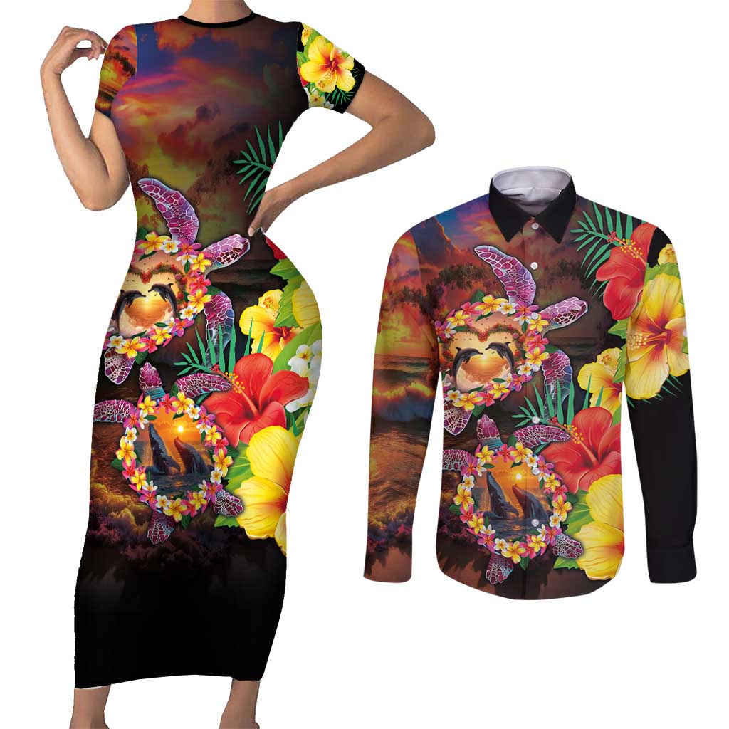 Hawaiian Sea Animals Love Couple Couples Matching Short Sleeve Bodycon Dress and Long Sleeve Button Shirt Aloha Sunset Symphony