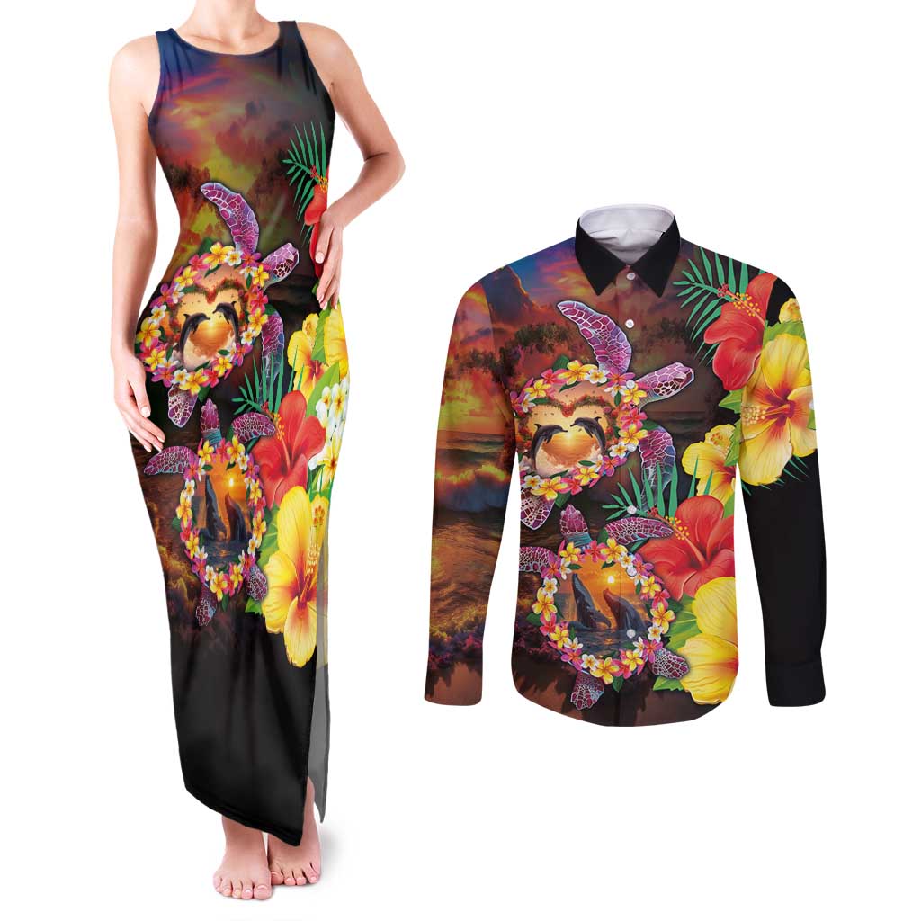 Hawaiian Sea Animals Love Couple Couples Matching Tank Maxi Dress and Long Sleeve Button Shirt Aloha Sunset Symphony