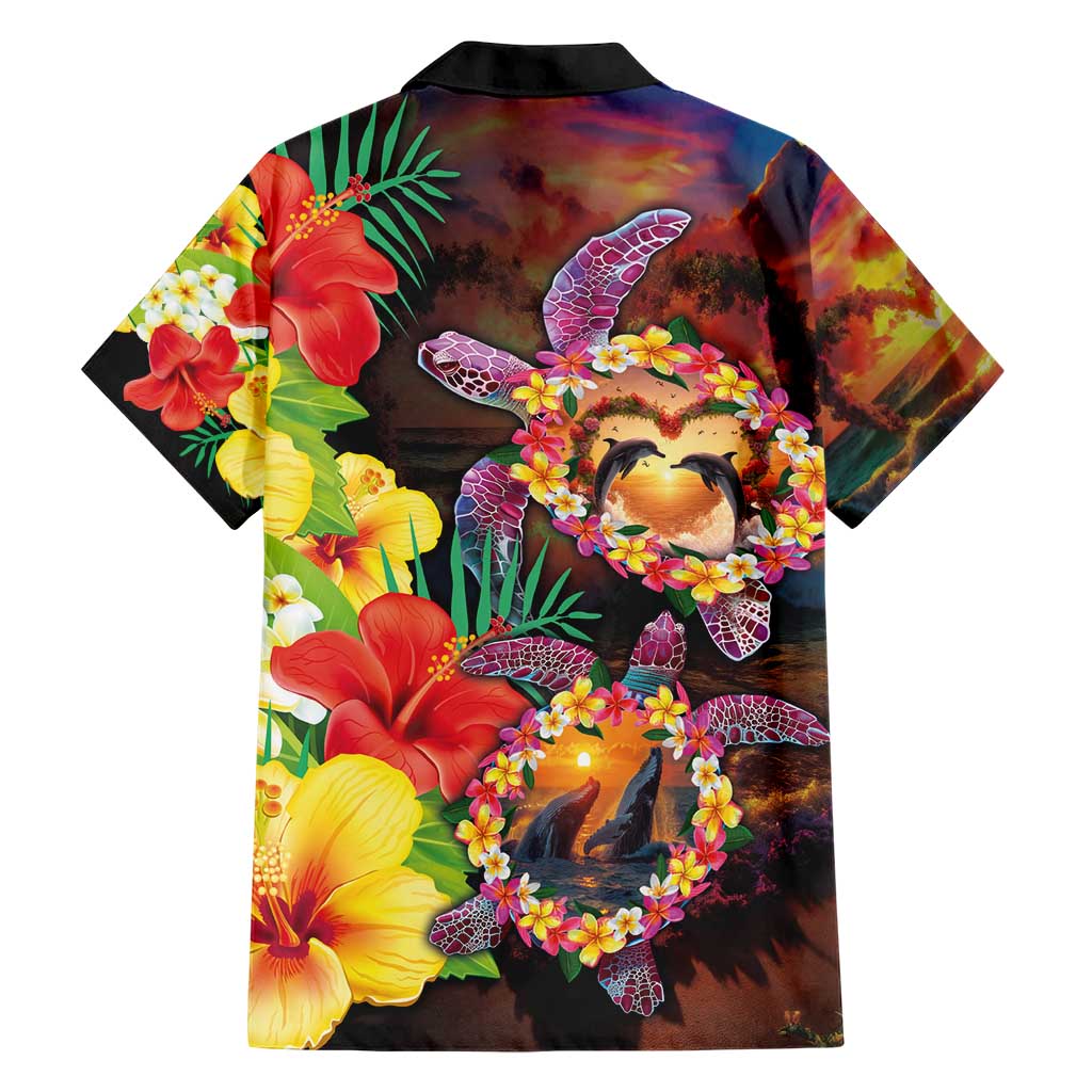 Hawaiian Sea Animals Love Couple Family Matching Short Sleeve Bodycon Dress and Hawaiian Shirt Aloha Sunset Symphony