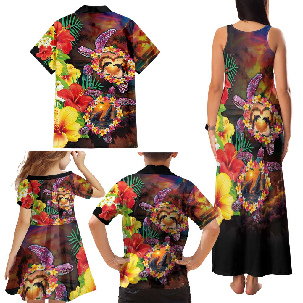 Hawaiian Sea Animals Love Couple Family Matching Tank Maxi Dress and Hawaiian Shirt Aloha Sunset Symphony