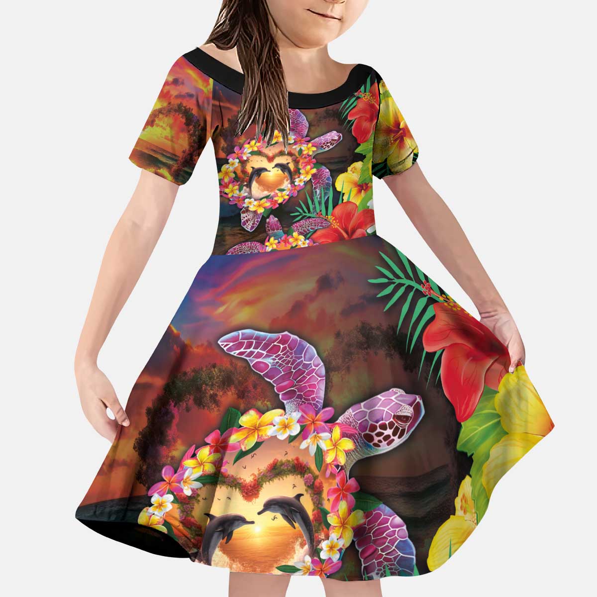 Hawaiian Sea Animals Love Couple Kid Short Sleeve Dress Aloha Sunset Symphony