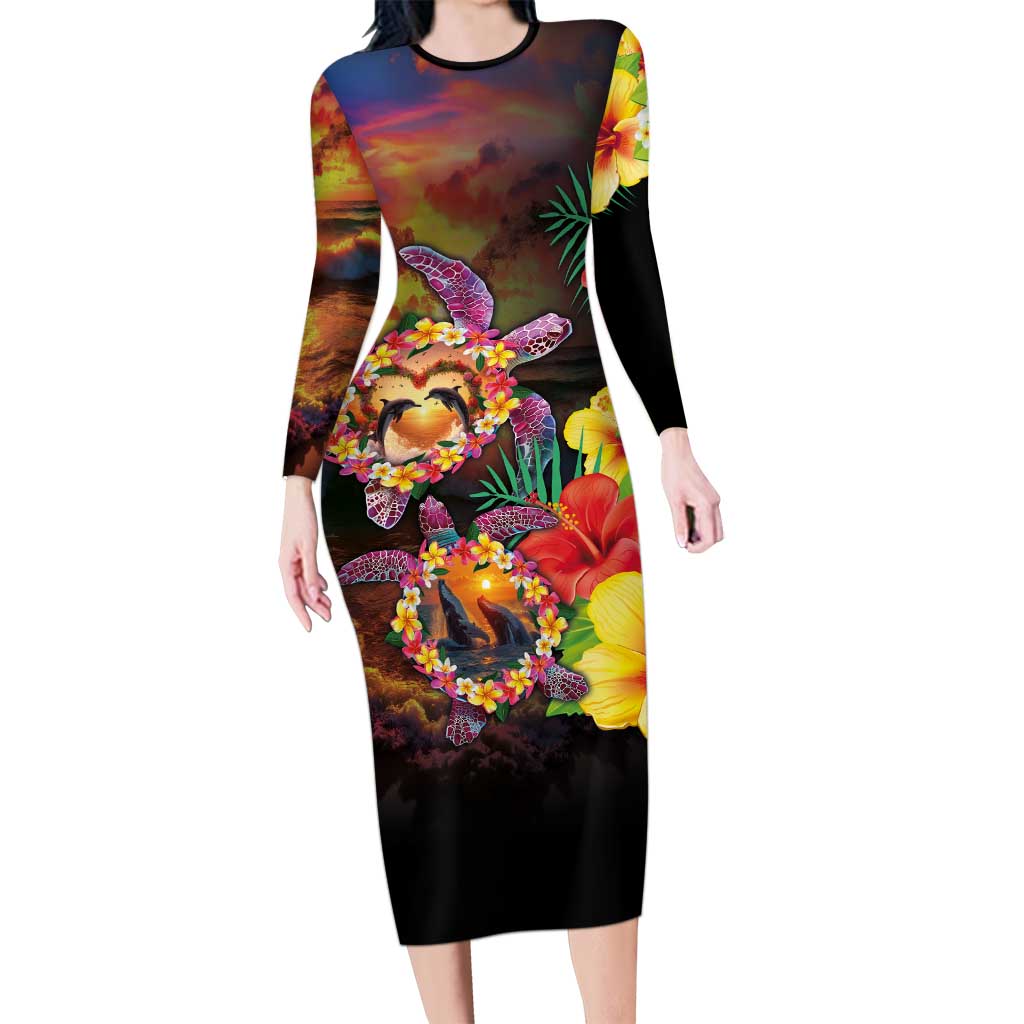 Hawaiian Sea Animals Love Couple Long Sleeve Bodycon Dress Aloha Sunset Symphony