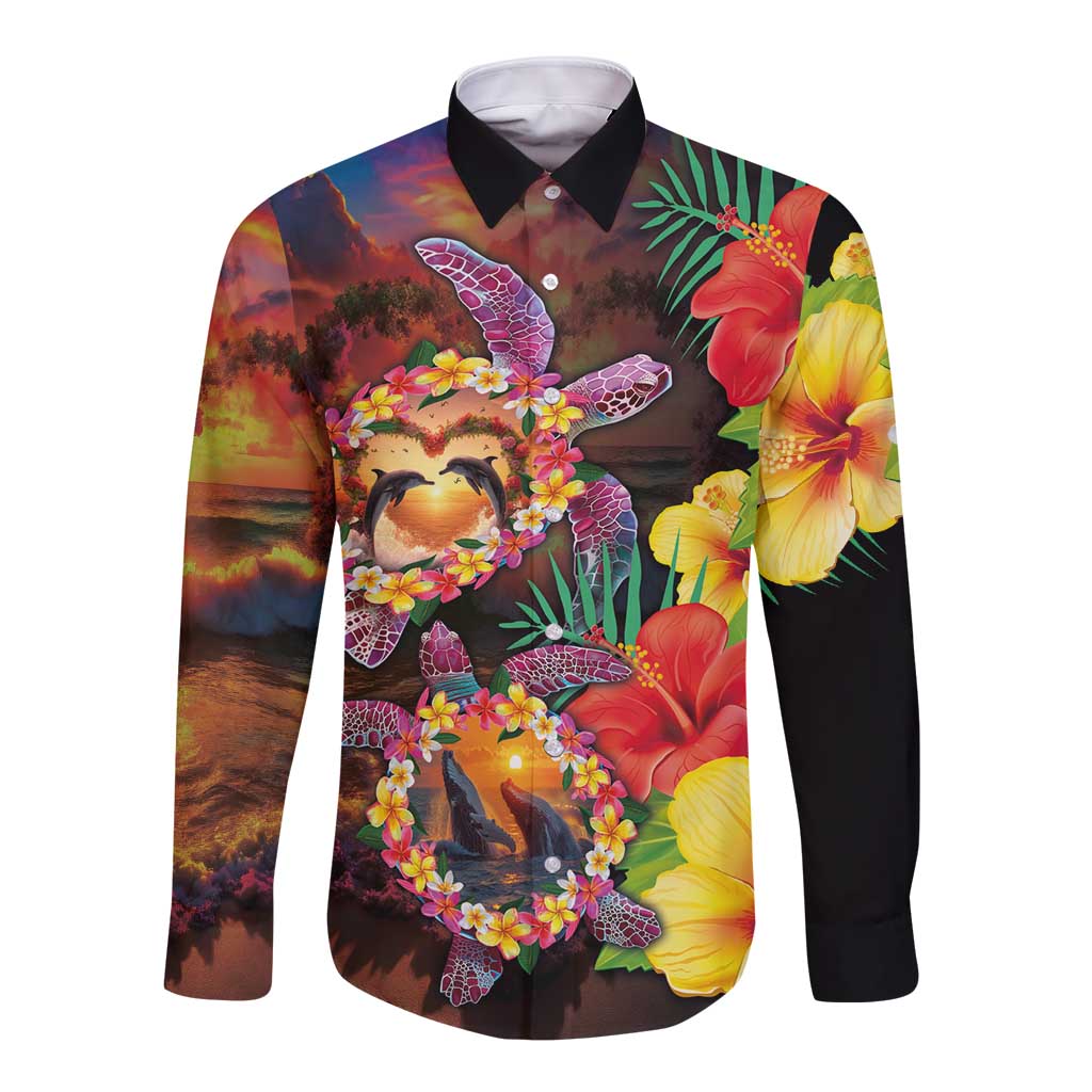 Hawaiian Sea Animals Love Couple Long Sleeve Button Shirt Aloha Sunset Symphony