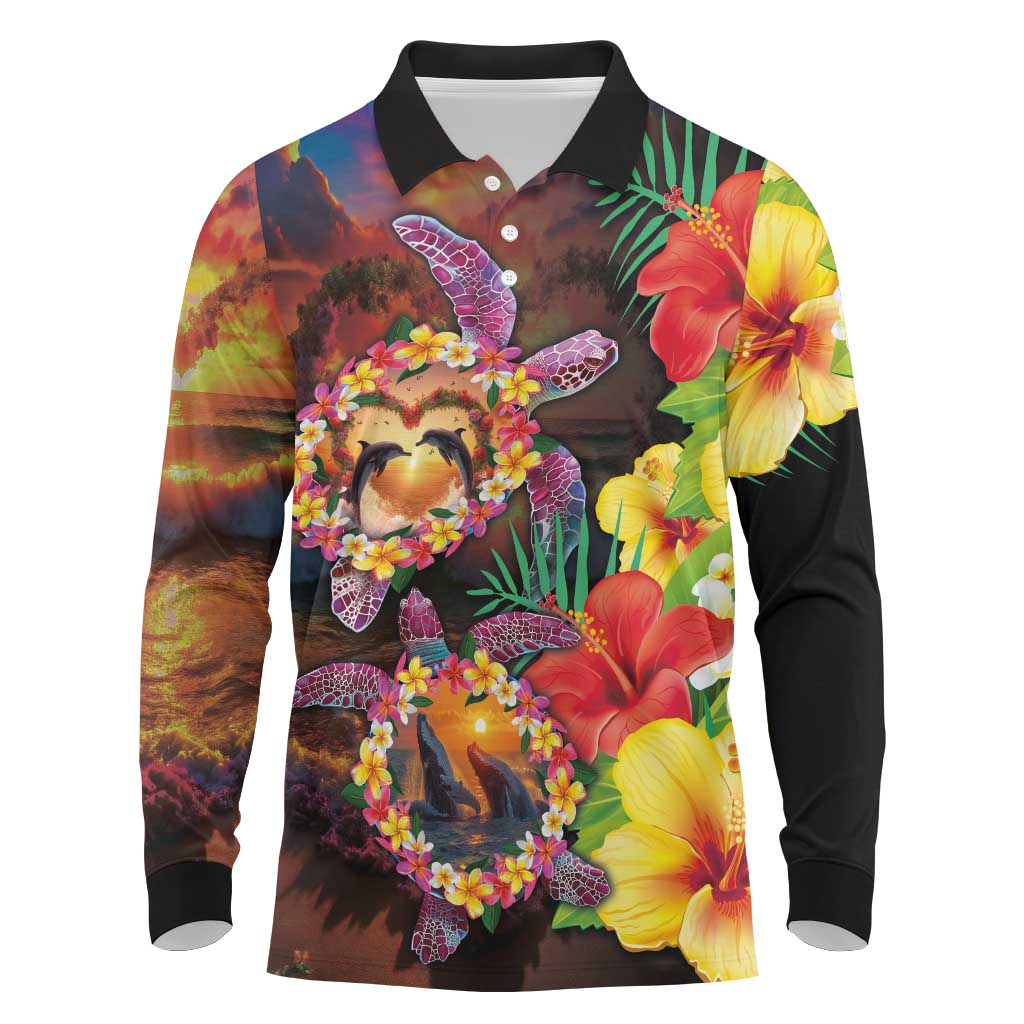 Hawaiian Sea Animals Love Couple Long Sleeve Polo Shirt Aloha Sunset Symphony