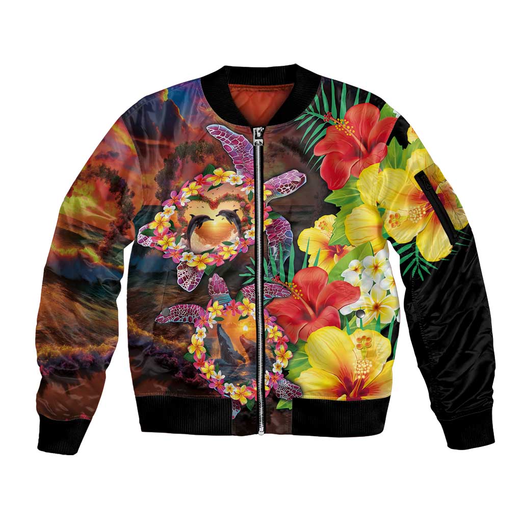 Hawaiian Sea Animals Love Couple Sleeve Zip Bomber Jacket Aloha Sunset Symphony