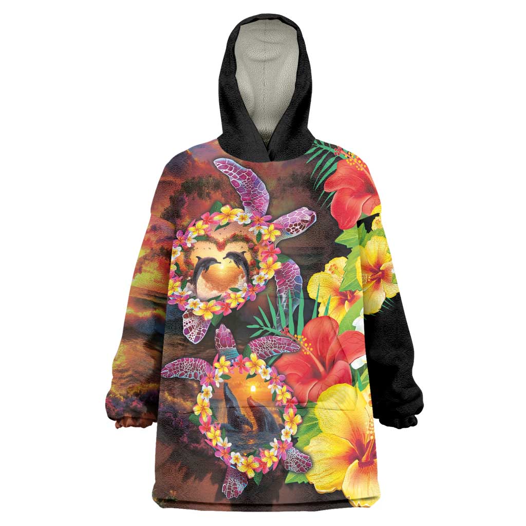 Hawaiian Sea Animals Love Couple Wearable Blanket Hoodie Aloha Sunset Symphony