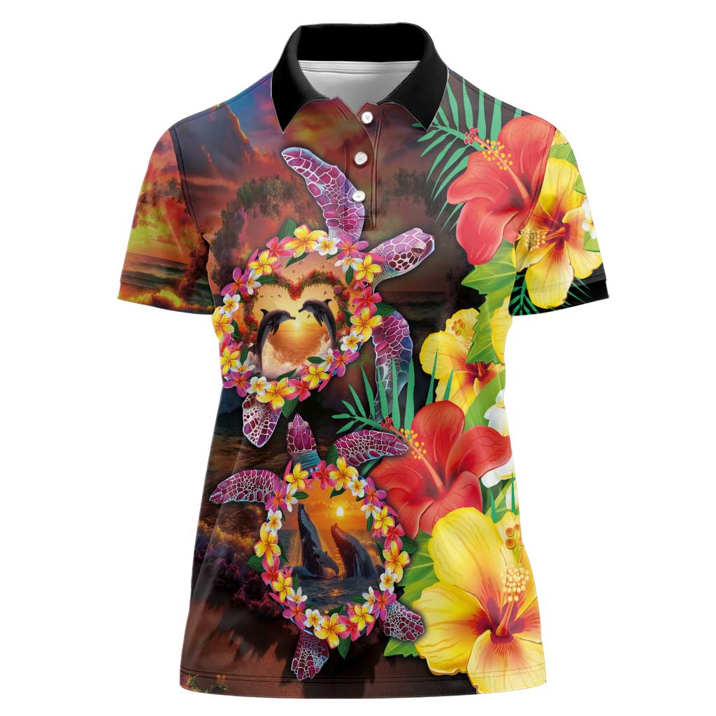 Hawaiian Sea Animals Love Couple Women Polo Shirt Aloha Sunset Symphony