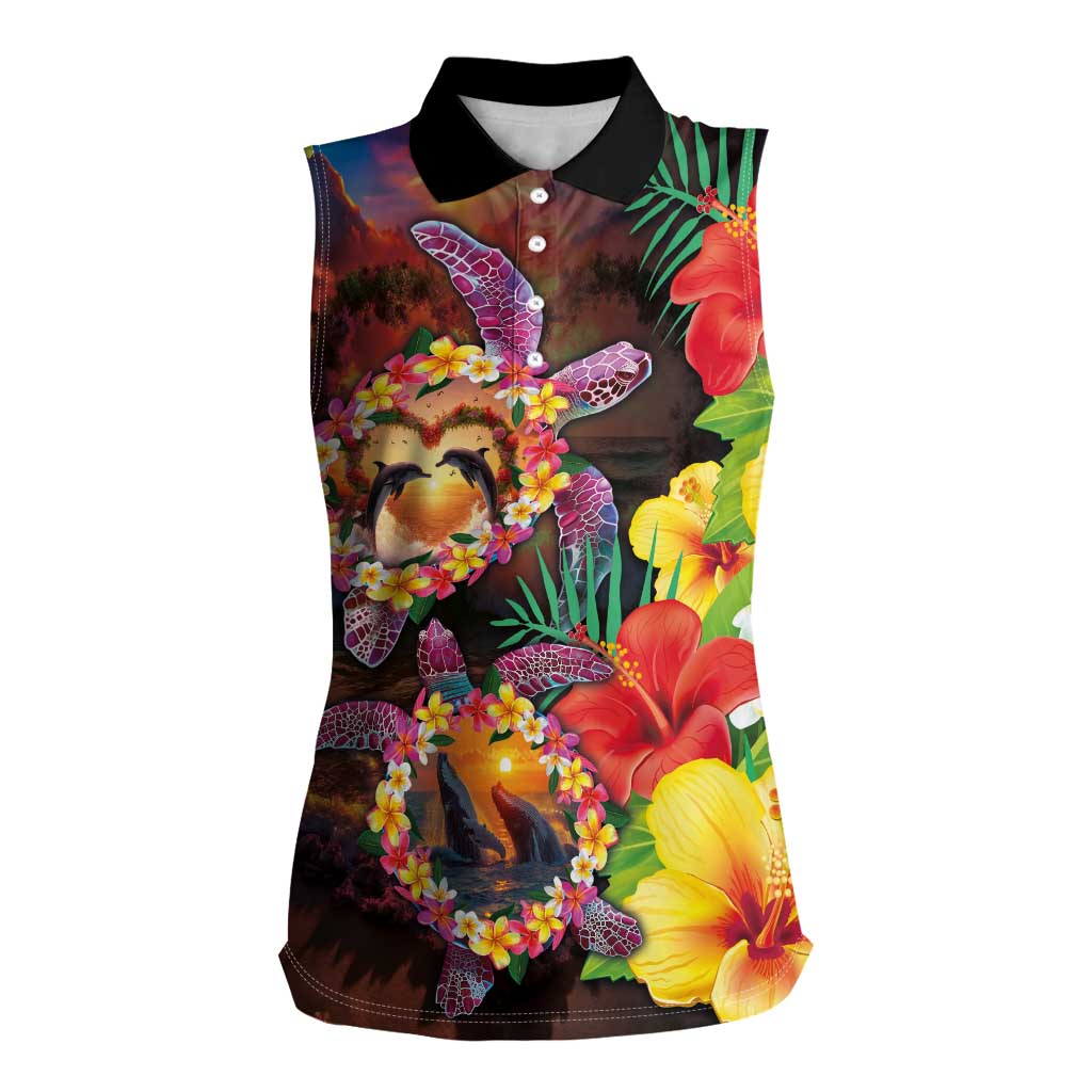 Hawaiian Sea Animals Love Couple Women Sleeveless Polo Shirt Aloha Sunset Symphony