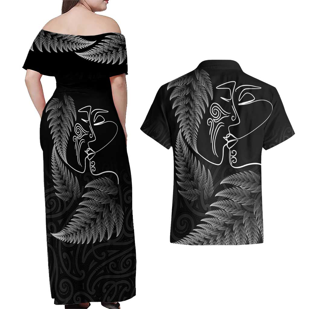 New Zealand Valentine's Day Couples Matching Off Shoulder Maxi Dress and Hawaiian Shirt Silver Fern and Line Art Love Couple