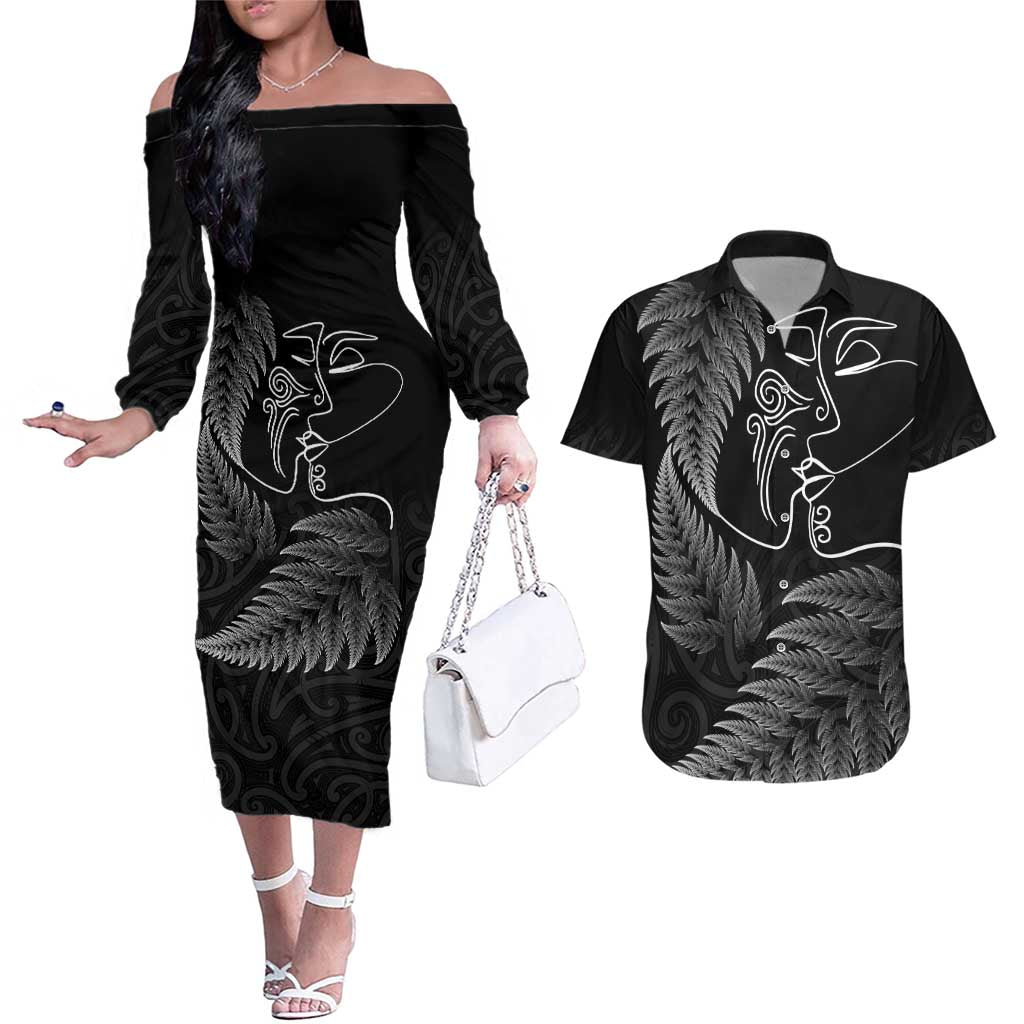 New Zealand Valentine's Day Couples Matching Off The Shoulder Long Sleeve Dress and Hawaiian Shirt Silver Fern and Line Art Love Couple