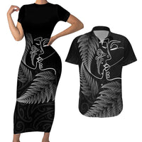 New Zealand Valentine's Day Couples Matching Short Sleeve Bodycon Dress and Hawaiian Shirt Silver Fern and Line Art Love Couple