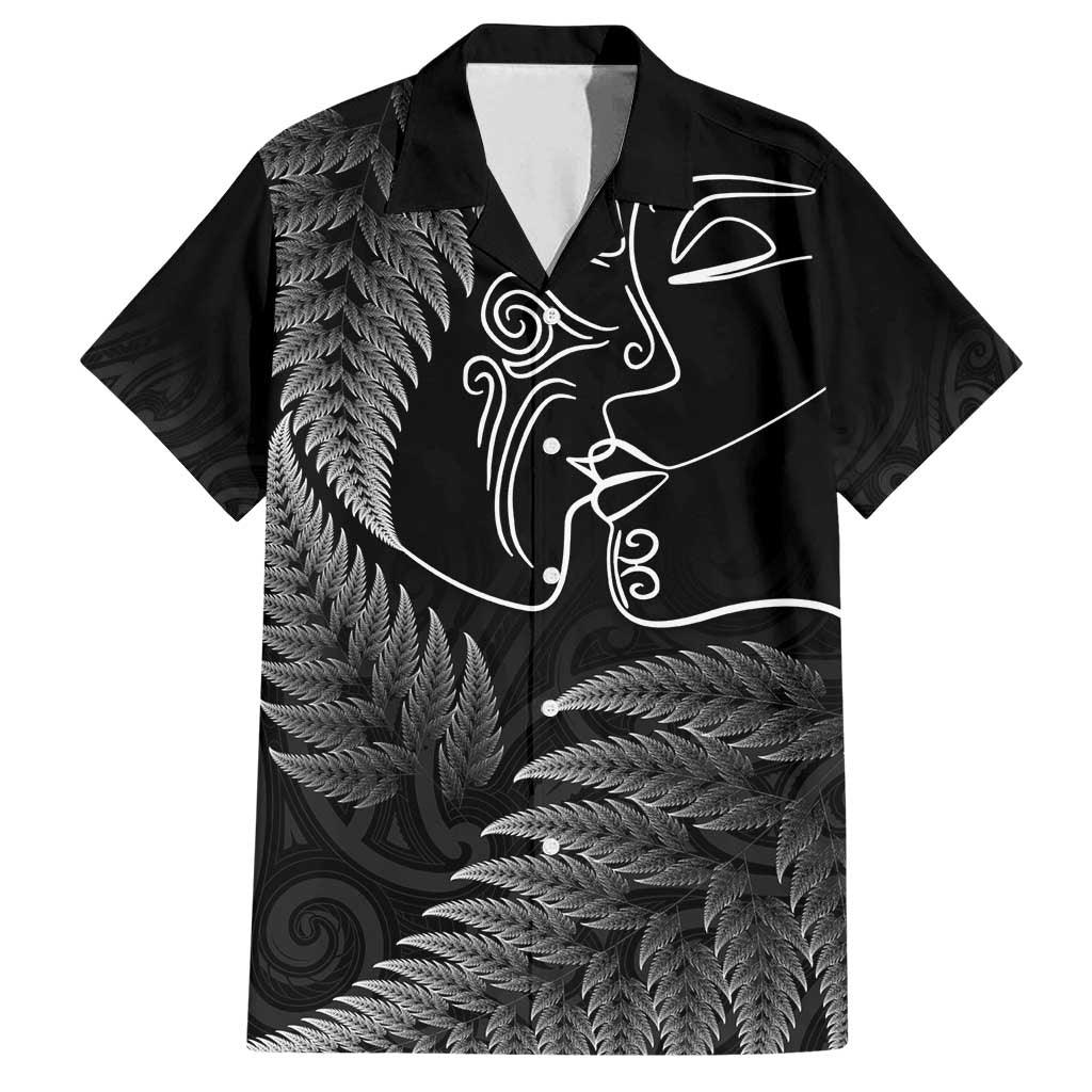 New Zealand Valentine's Day Family Matching Long Sleeve Bodycon Dress and Hawaiian Shirt Silver Fern and Line Art Love Couple LT03 Dad's Shirt - Short Sleeve Black - Polynesian Pride