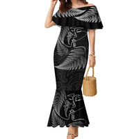 New Zealand Valentine's Day Family Matching Mermaid Dress and Hawaiian Shirt Silver Fern and Line Art Love Couple LT03 Mom's Dress Black - Polynesian Pride