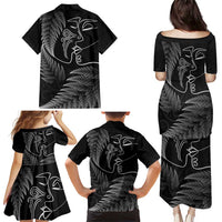 New Zealand Valentine's Day Family Matching Puletasi and Hawaiian Shirt Silver Fern and Line Art Love Couple LT03 - Polynesian Pride