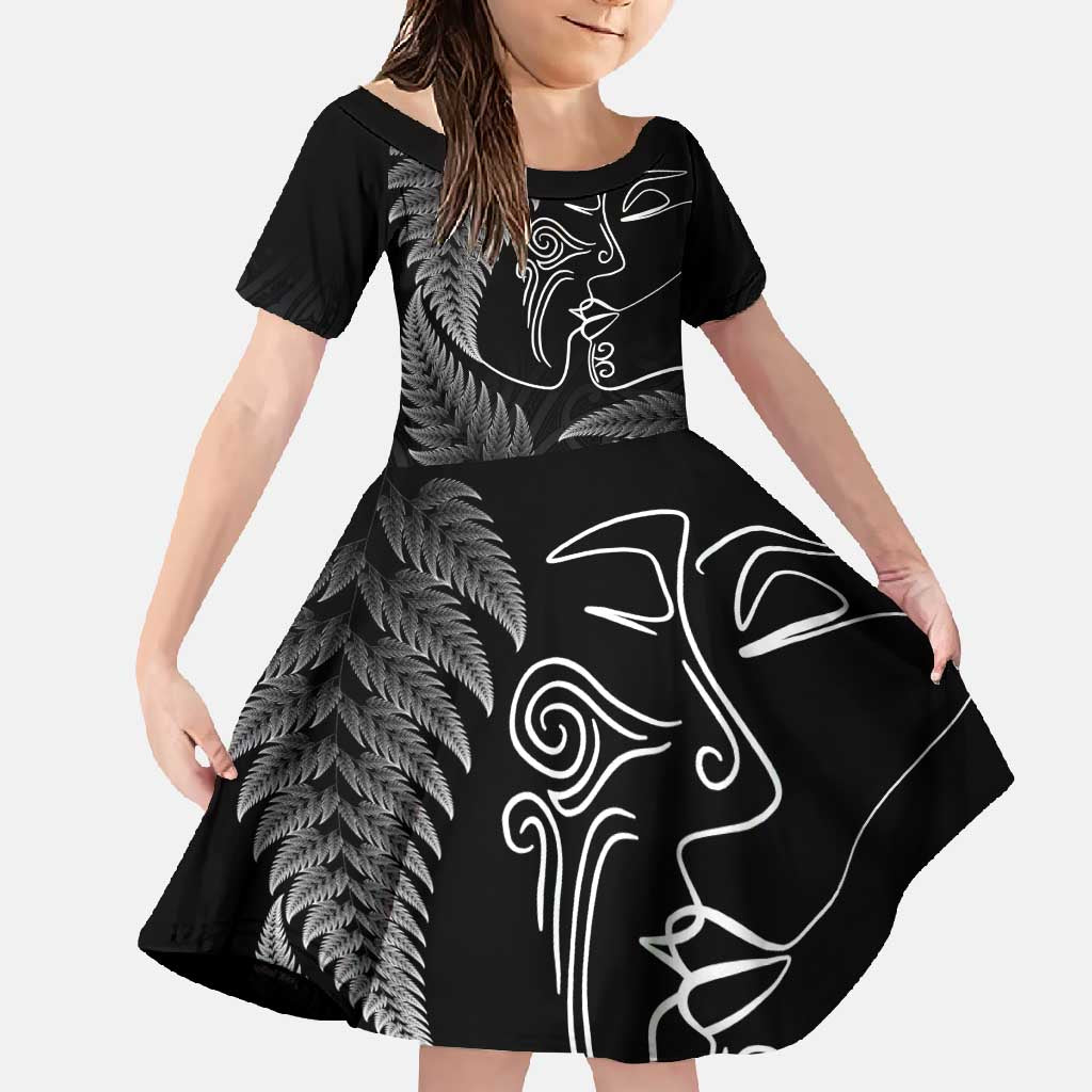 New Zealand Valentine's Day Family Matching Short Sleeve Bodycon Dress and Hawaiian Shirt Silver Fern and Line Art Love Couple LT03 Daughter's Dress Black - Polynesian Pride