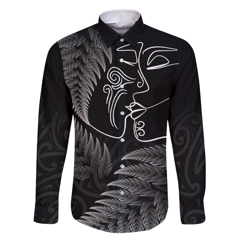 New Zealand Valentine's Day Family Matching Short Sleeve Bodycon Dress and Hawaiian Shirt Silver Fern and Line Art Love Couple LT03 Dad's Shirt - Long Sleeve Black - Polynesian Pride