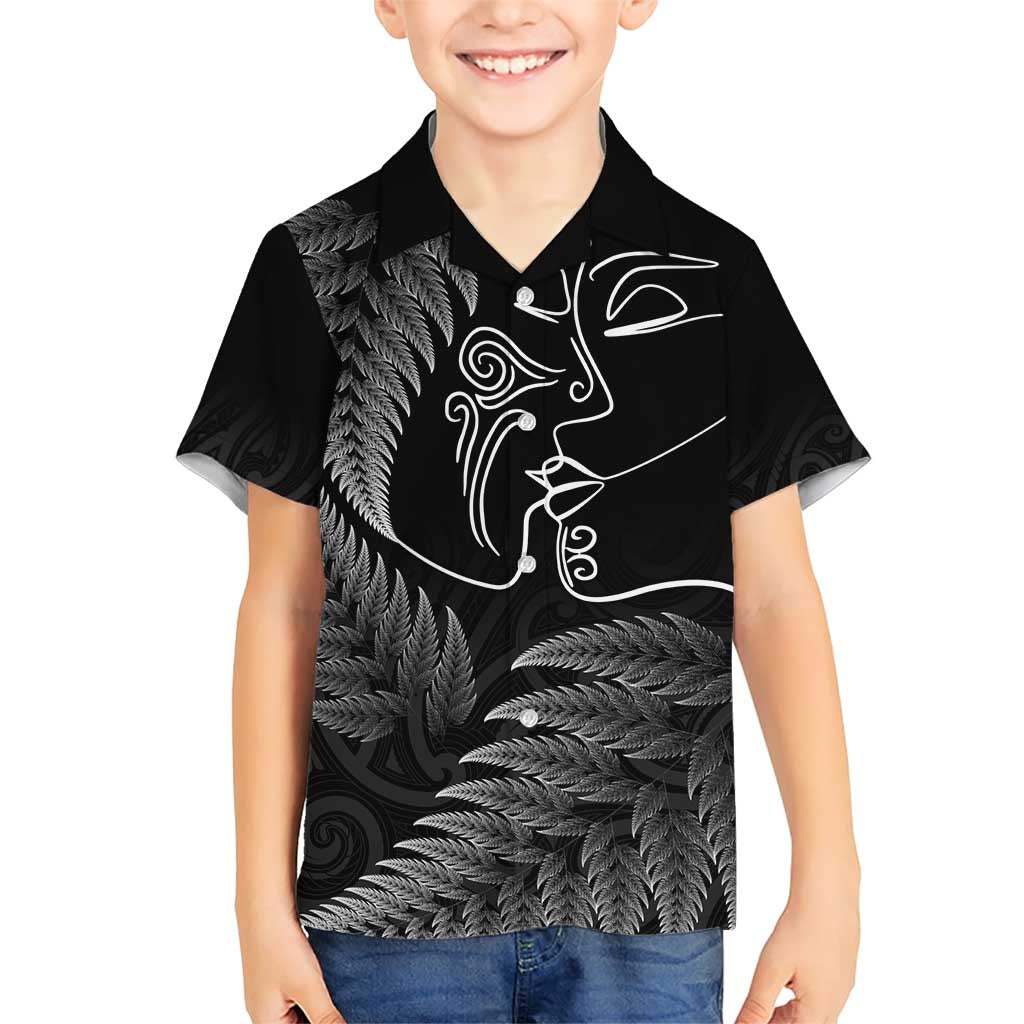 New Zealand Valentine's Day Family Matching Short Sleeve Bodycon Dress and Hawaiian Shirt Silver Fern and Line Art Love Couple LT03 Son's Shirt Black - Polynesian Pride