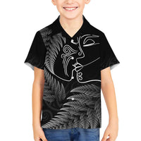 New Zealand Valentine's Day Family Matching Short Sleeve Bodycon Dress and Hawaiian Shirt Silver Fern and Line Art Love Couple LT03 Son's Shirt Black - Polynesian Pride