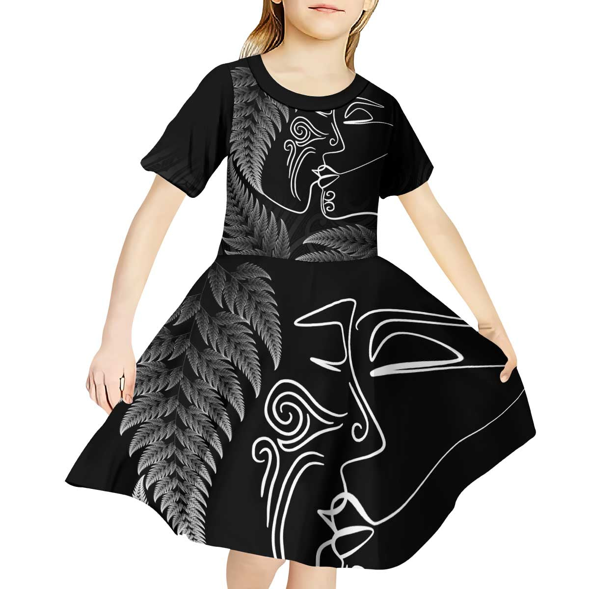 New Zealand Valentine's Day Kid Short Sleeve Dress Silver Fern and Line Art Love Couple LT03 - Polynesian Pride