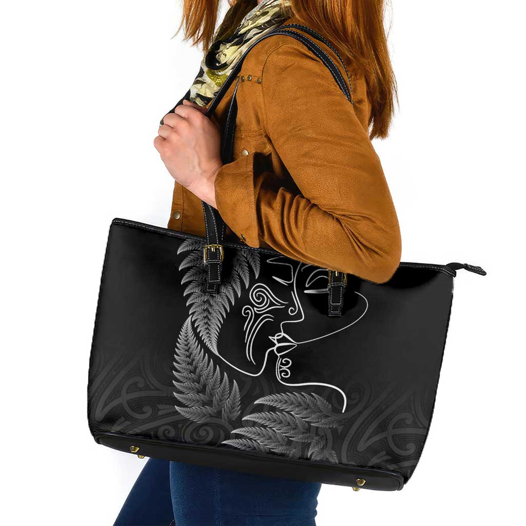 New Zealand Valentine's Day Leather Tote Bag Silver Fern and Line Art Love Couple LT03 Black - Polynesian Pride