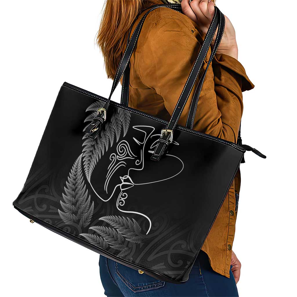 New Zealand Valentine's Day Leather Tote Bag Silver Fern and Line Art Love Couple LT03 - Polynesian Pride