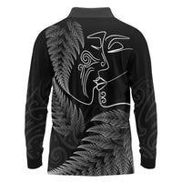 New Zealand Valentine's Day Long Sleeve Polo Shirt Silver Fern and Line Art Love Couple LT03 - Polynesian Pride