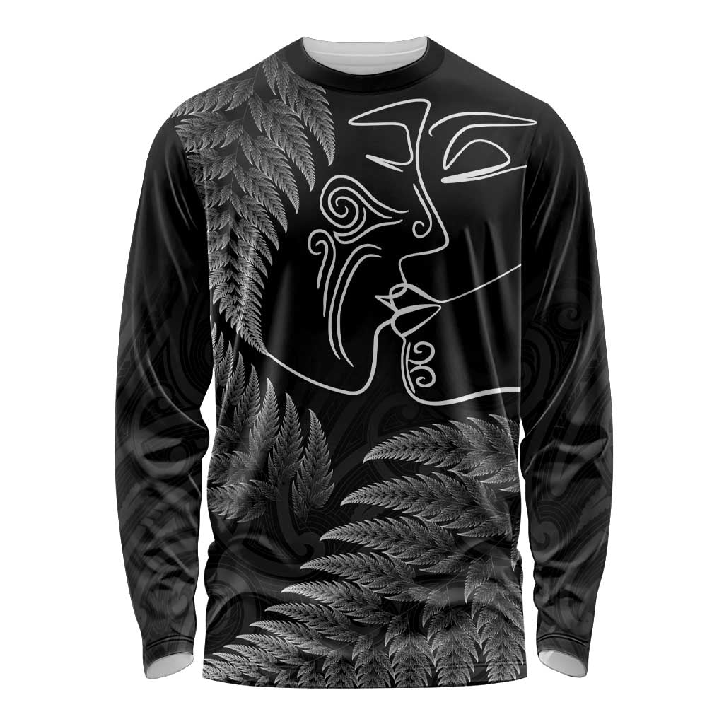 New Zealand Valentine's Day Long Sleeve Shirt Silver Fern and Line Art Love Couple