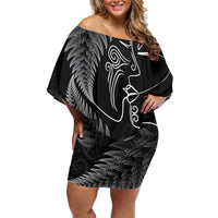 New Zealand Valentine's Day Off Shoulder Short Dress Silver Fern and Line Art Love Couple LT03 Women Black - Polynesian Pride