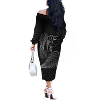 New Zealand Valentine's Day Off The Shoulder Long Sleeve Dress Silver Fern and Line Art Love Couple LT03 - Polynesian Pride