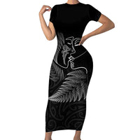 New Zealand Valentine's Day Short Sleeve Bodycon Dress Silver Fern and Line Art Love Couple LT03 Long Dress Black - Polynesian Pride