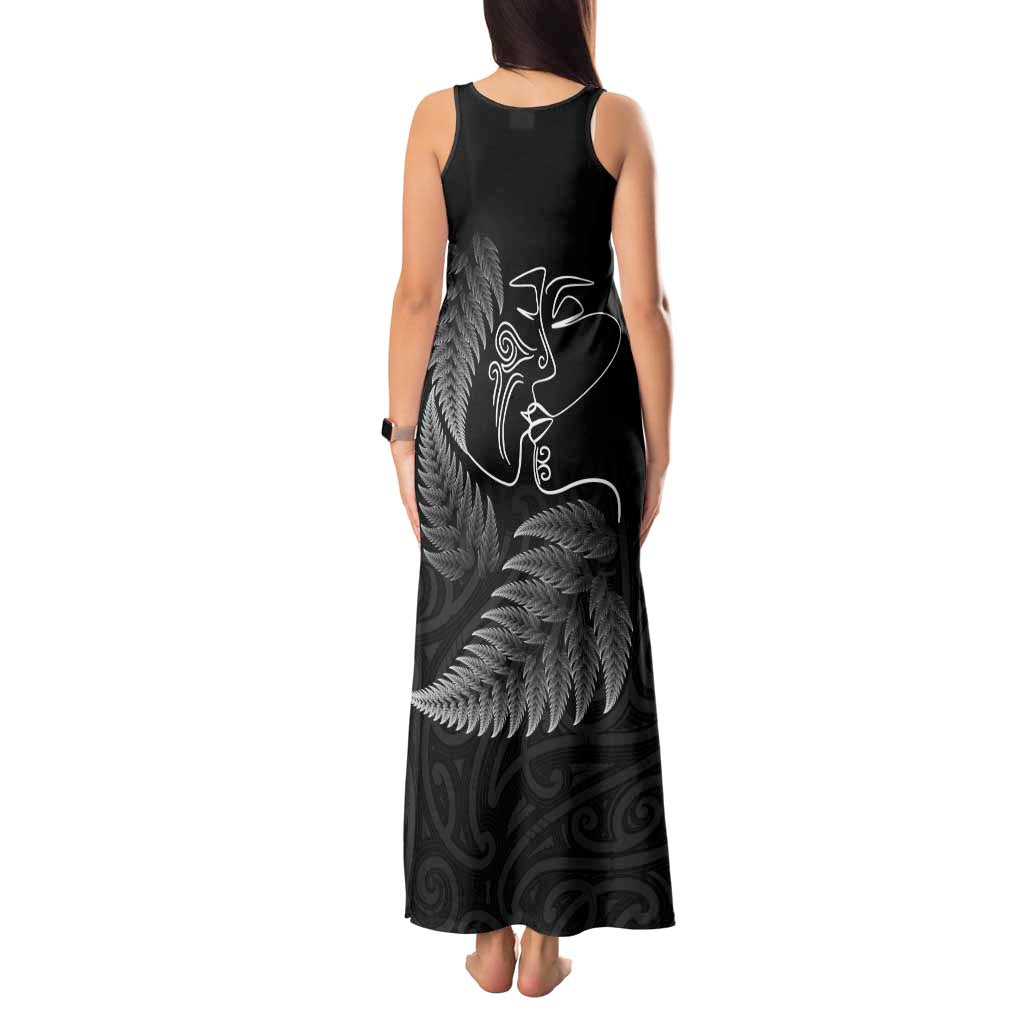 New Zealand Valentine's Day Tank Maxi Dress Silver Fern and Line Art Love Couple LT03 - Polynesian Pride