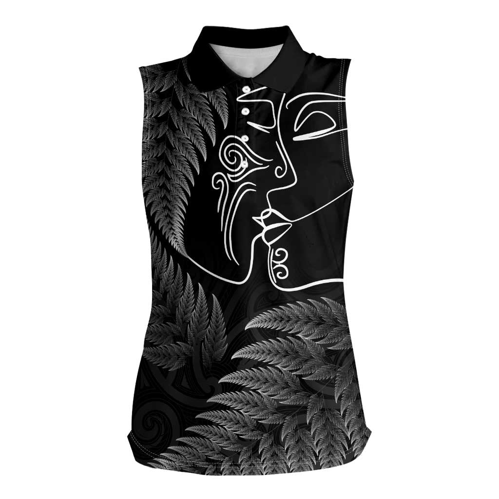 New Zealand Valentine's Day Women Sleeveless Polo Shirt Silver Fern and Line Art Love Couple LT03 Female Black - Polynesian Pride