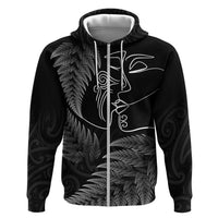 New Zealand Valentine's Day Zip Hoodie Silver Fern and Line Art Love Couple LT03 Zip Hoodie Black - Polynesian Pride