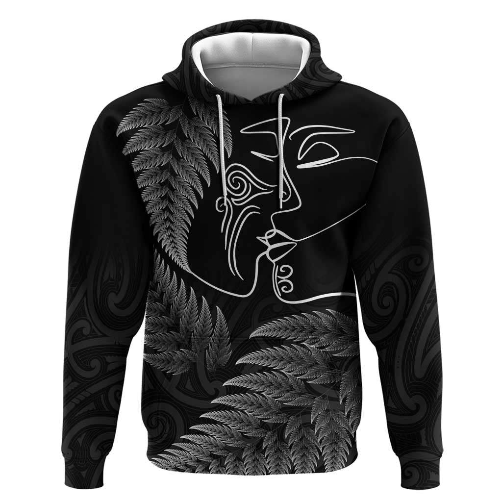 New Zealand Valentine's Day Zip Hoodie Silver Fern and Line Art Love Couple LT03 Pullover Hoodie Black - Polynesian Pride