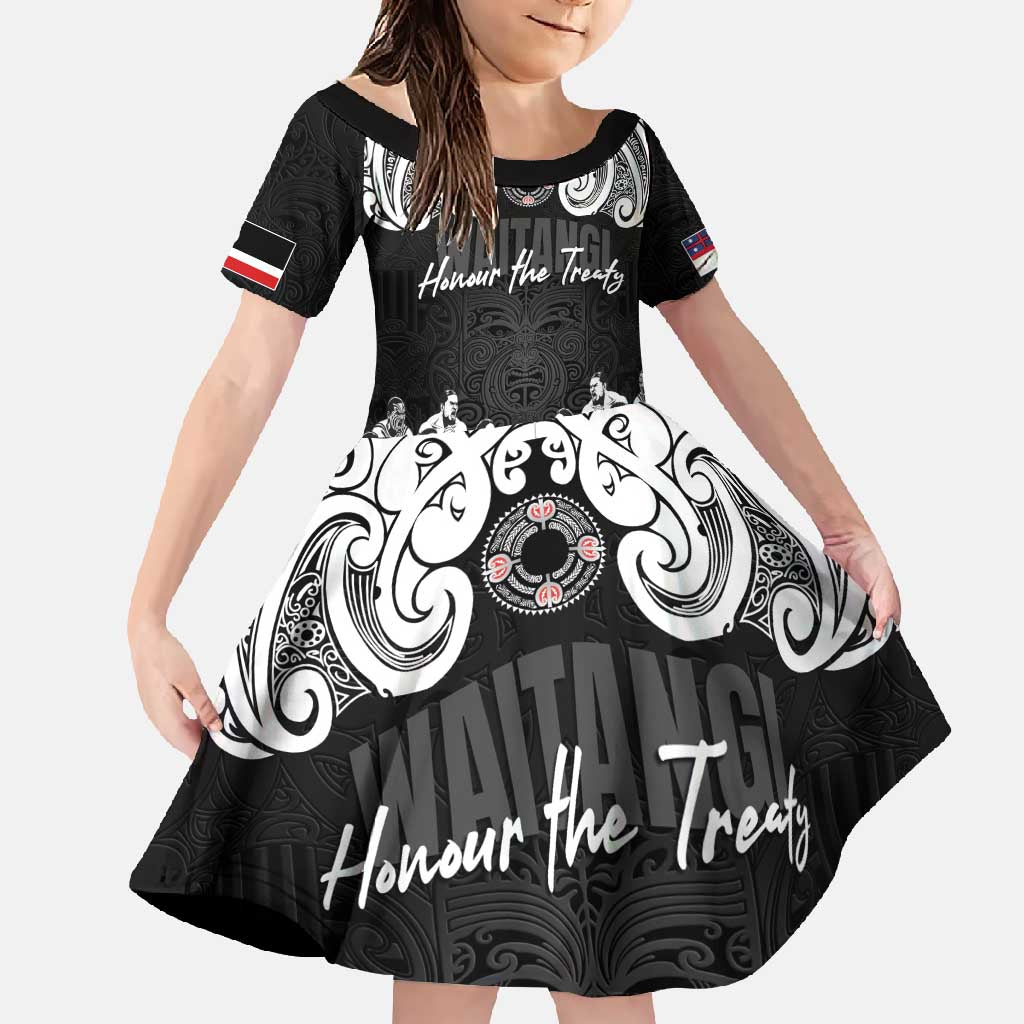 Aotearoa Waitangi Day - Toitu Te Tiriti Family Matching Long Sleeve Bodycon Dress and Hawaiian Shirt New Zealand Honour the Treaty LT03 Daughter's Dress Black - Polynesian Pride