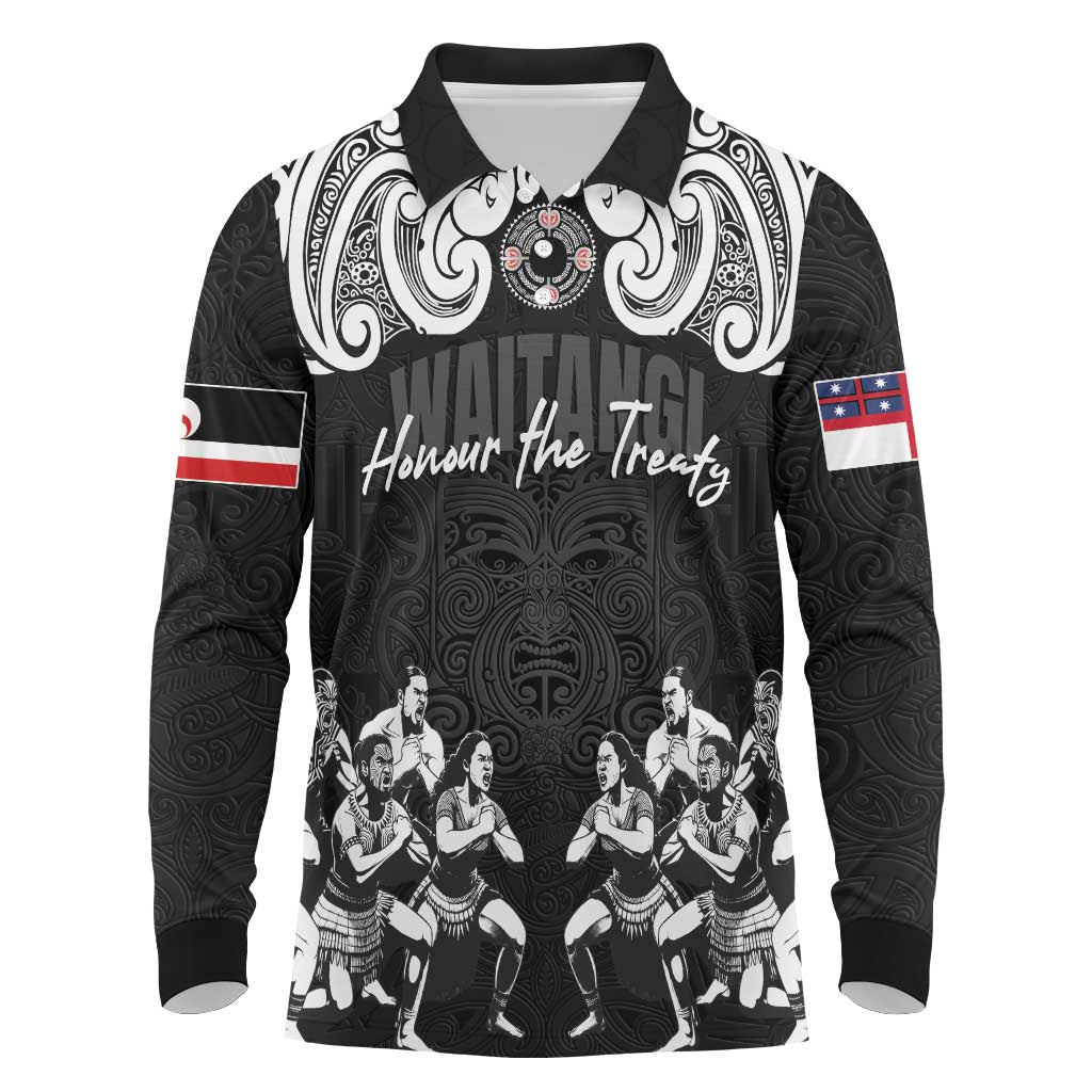 Aotearoa Waitangi Day - Toitu Te Tiriti Long Sleeve Polo Shirt New Zealand Honour the Treaty LT03 Black - Polynesian Pride