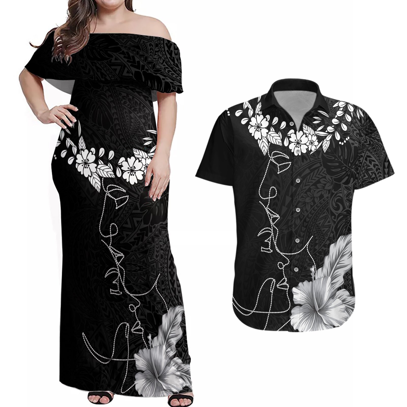 Hawaii Valentine Day Couples Matching Off Shoulder Maxi Dress and Hawaiian Shirt Polynesian Line Art Love Couple Hibiscus Tribal Pattern LT03 Black - Polynesian Pride