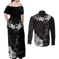 Hawaii Valentine Day Couples Matching Off Shoulder Maxi Dress and Long Sleeve Button Shirt Polynesian Line Art Love Couple Hibiscus Tribal Pattern LT03 - Polynesian Pride