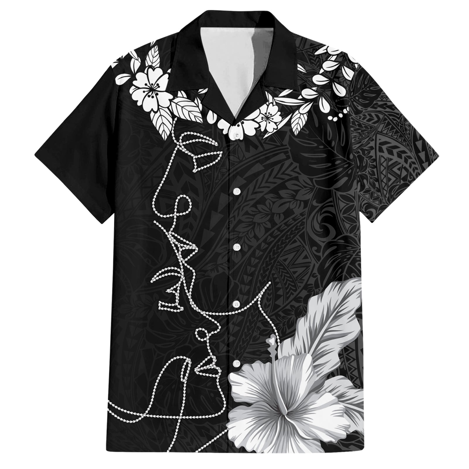 Hawaii Valentine Day Hawaiian Shirt Polynesian Line Art Love Couple Hibiscus Tribal Pattern LT03 Black - Polynesian Pride