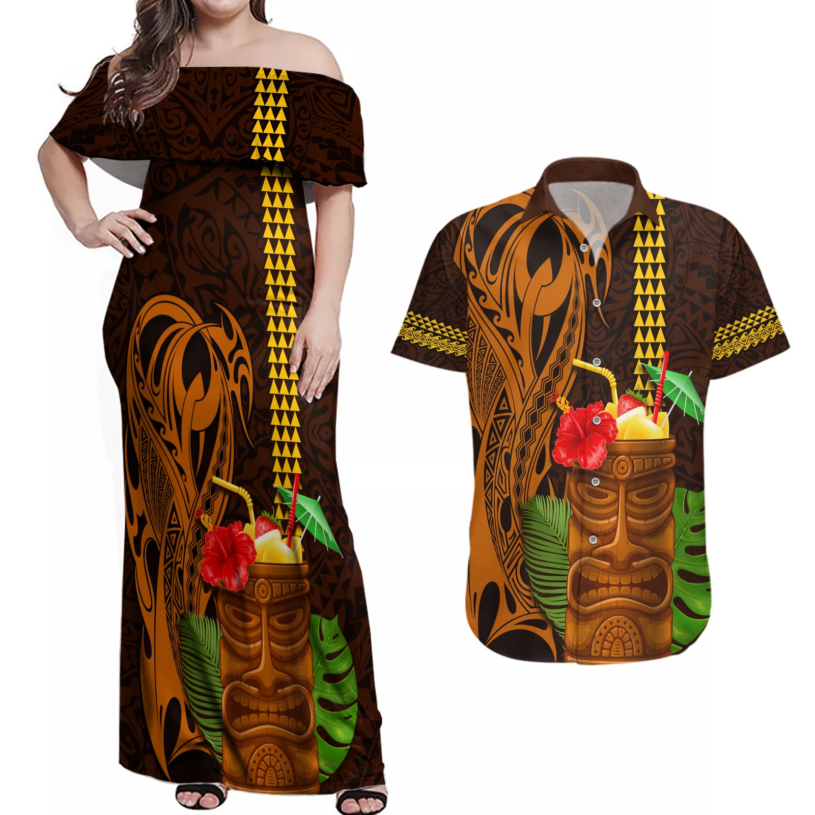 Hawaii Tiki Mask Cocktail Couples Matching Off Shoulder Maxi Dress and Hawaiian Shirt Kakau Tattoo LT03 Brown - Polynesian Pride