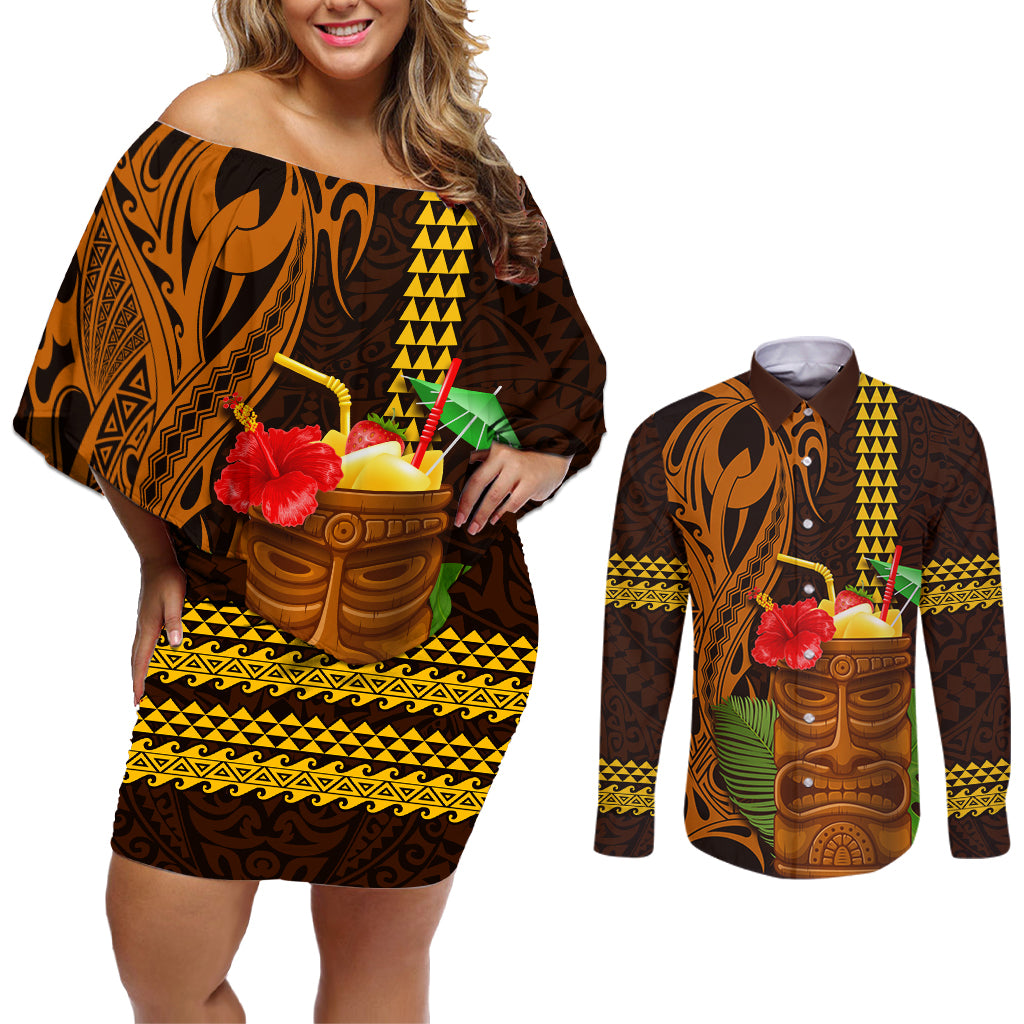 Hawaii Tiki Mask Cocktail Couples Matching Off Shoulder Short Dress and Long Sleeve Button Shirt Kakau Tattoo LT03 Brown - Polynesian Pride