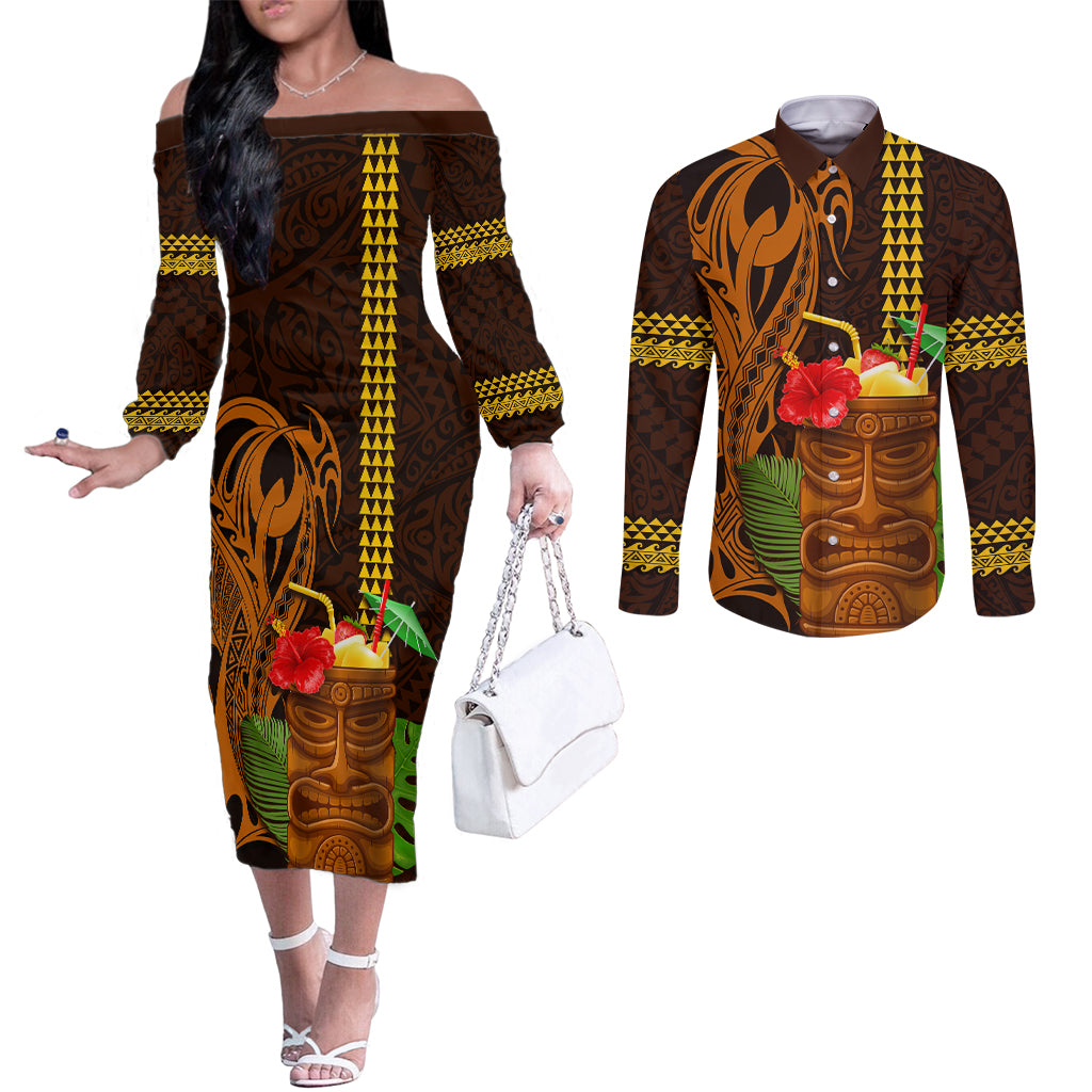 Hawaii Tiki Mask Cocktail Couples Matching Off The Shoulder Long Sleeve Dress and Long Sleeve Button Shirt Kakau Tattoo LT03 Brown - Polynesian Pride
