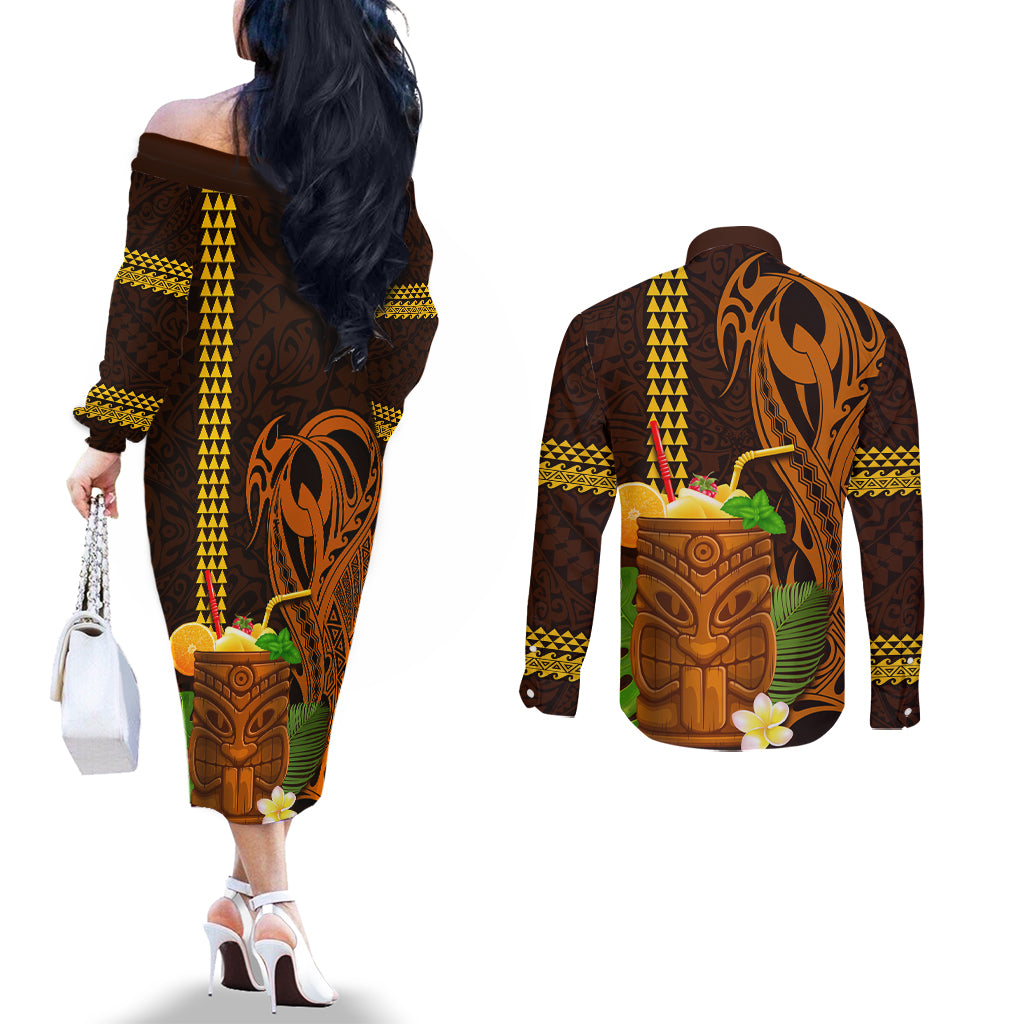 Hawaii Tiki Mask Cocktail Couples Matching Off The Shoulder Long Sleeve Dress and Long Sleeve Button Shirt Kakau Tattoo LT03 - Polynesian Pride