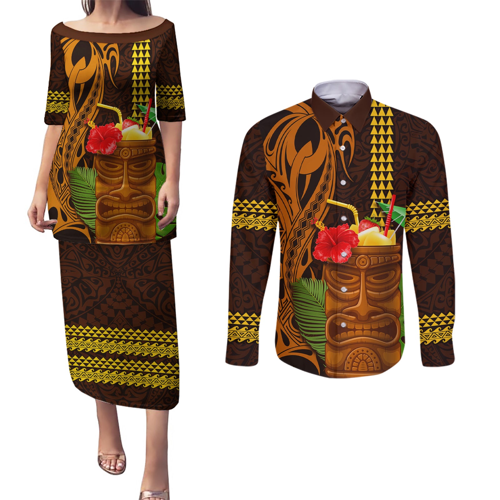 Hawaii Tiki Mask Cocktail Couples Matching Puletasi and Long Sleeve Button Shirt Kakau Tattoo LT03 Brown - Polynesian Pride