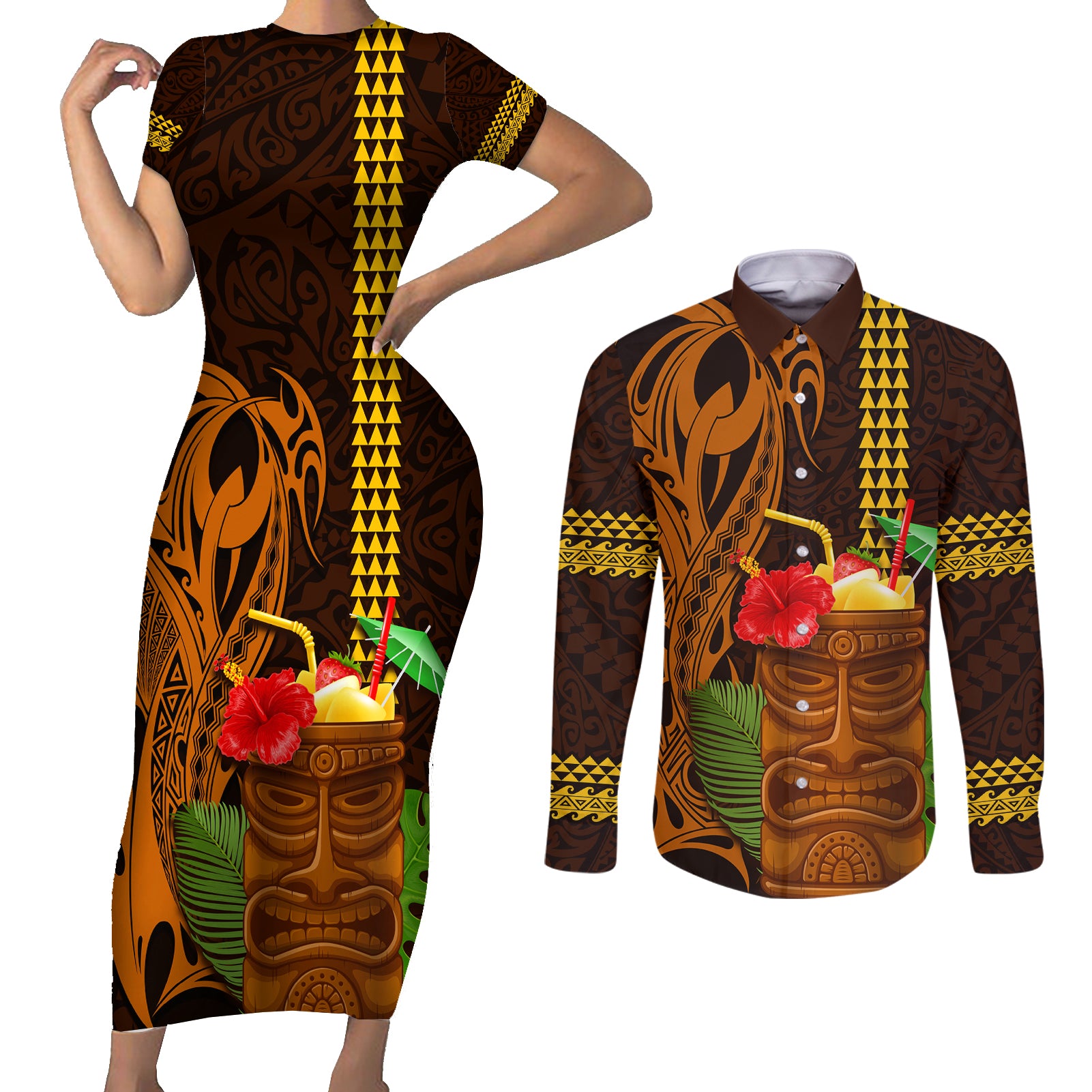 Hawaii Tiki Mask Cocktail Couples Matching Short Sleeve Bodycon Dress and Long Sleeve Button Shirt Kakau Tattoo LT03 Brown - Polynesian Pride