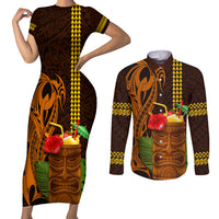 Hawaii Tiki Mask Cocktail Couples Matching Short Sleeve Bodycon Dress and Long Sleeve Button Shirt Kakau Tattoo LT03 Brown - Polynesian Pride