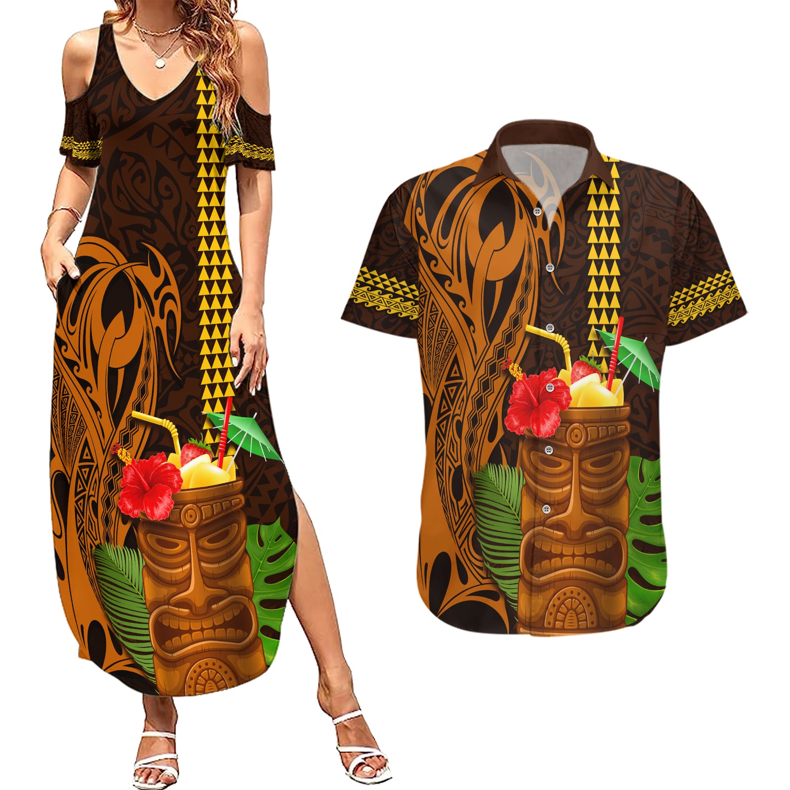 Hawaii Tiki Mask Cocktail Couples Matching Summer Maxi Dress and Hawaiian Shirt Kakau Tattoo LT03 Brown - Polynesian Pride