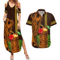 Hawaii Tiki Mask Cocktail Couples Matching Summer Maxi Dress and Hawaiian Shirt Kakau Tattoo LT03 Brown - Polynesian Pride