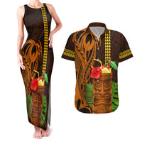 Hawaii Tiki Mask Cocktail Couples Matching Tank Maxi Dress and Hawaiian Shirt Kakau Tattoo LT03 Brown - Polynesian Pride