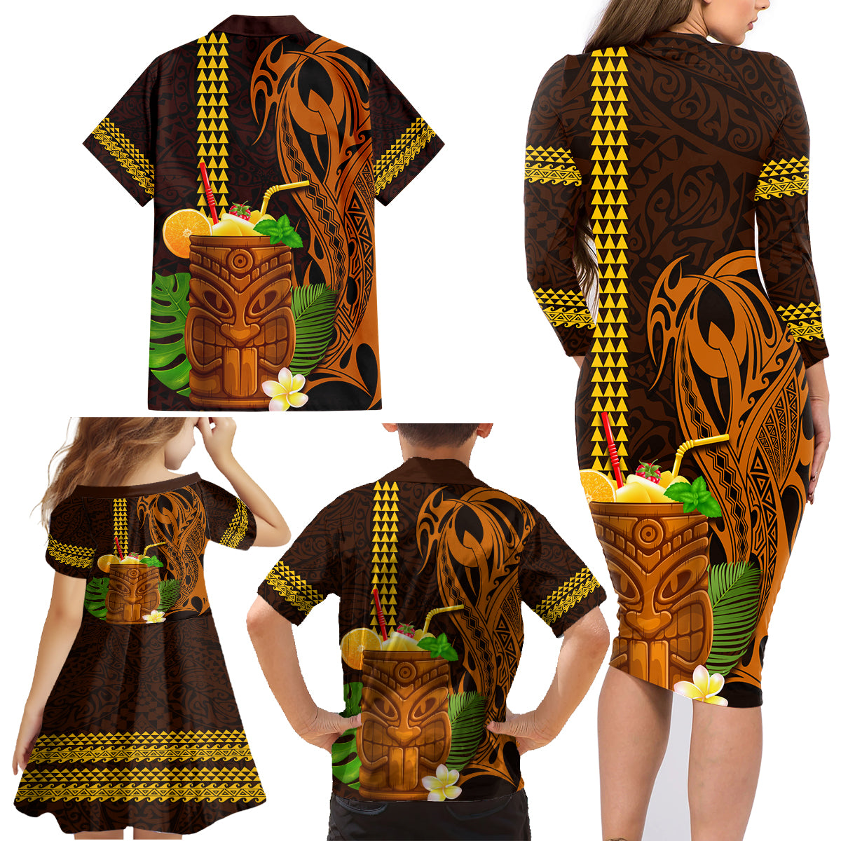 Hawaii Tiki Mask Cocktail Family Matching Long Sleeve Bodycon Dress and Hawaiian Shirt Kakau Tattoo LT03 - Polynesian Pride